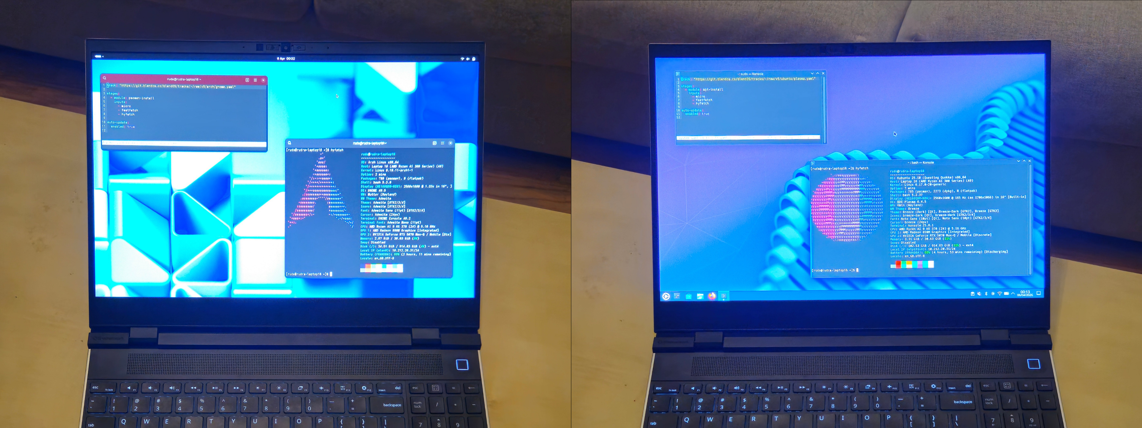 Arch-based and Kubuntu-based blendOS v5 on Framework 16