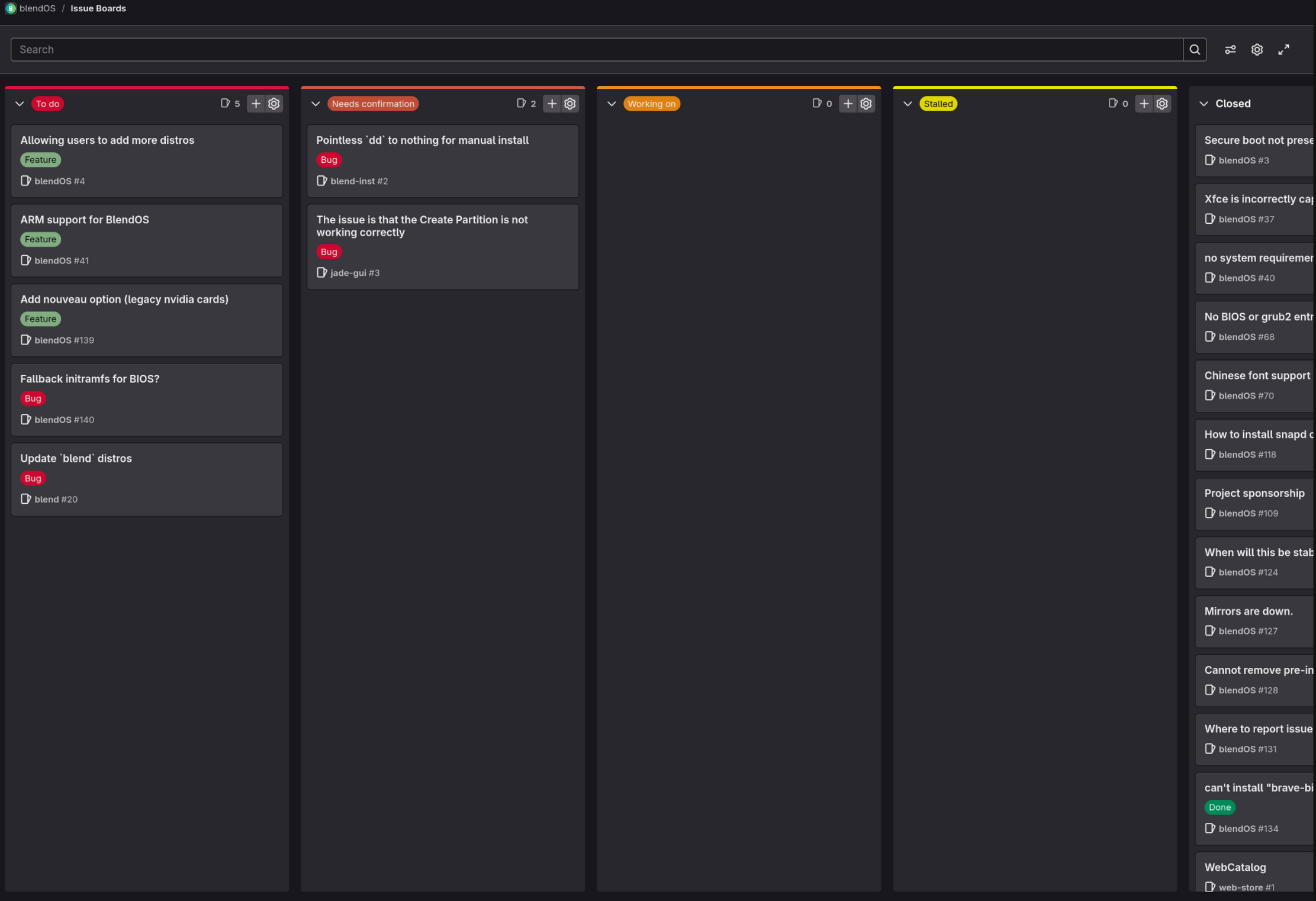 The issue board, with four sections: To Do, Needs confirmation, Working on, and Stalled.