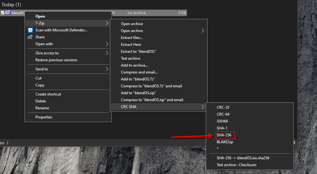 Right click the ISO, then go to 7-zip > CRC SHA > SHA256